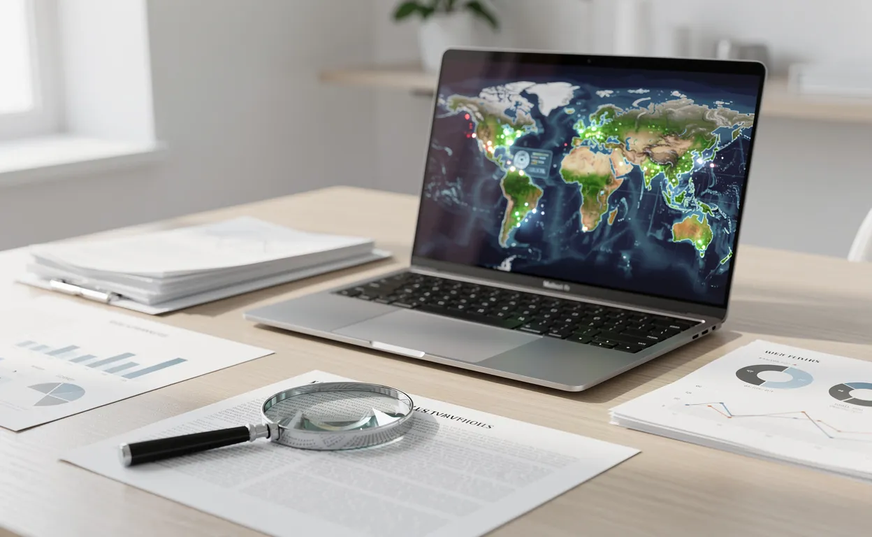 Un bureau moderne avec un ordinateur portable affichant une carte numérique colorée, entouré de documents ordonnés et d’une loupe, dans une lumière douce.