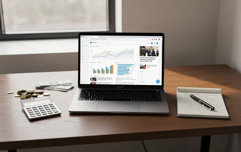Un bureau élégant en bois avec un ordinateur portable affichant des graphiques financiers, un carnet, un stylo, une calculatrice et quelques pièces de monnaie sous une lumière naturelle.
