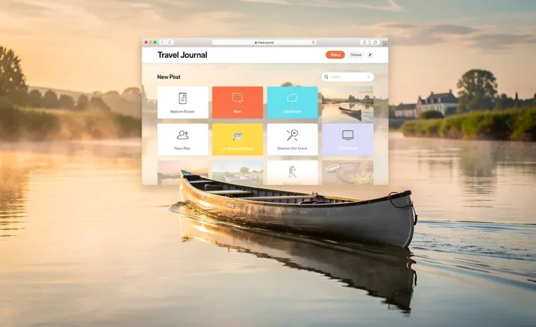 Un canoë glisse sur les eaux calmes du Cher au lever du soleil avec une interface de blog moderne en surimpression.