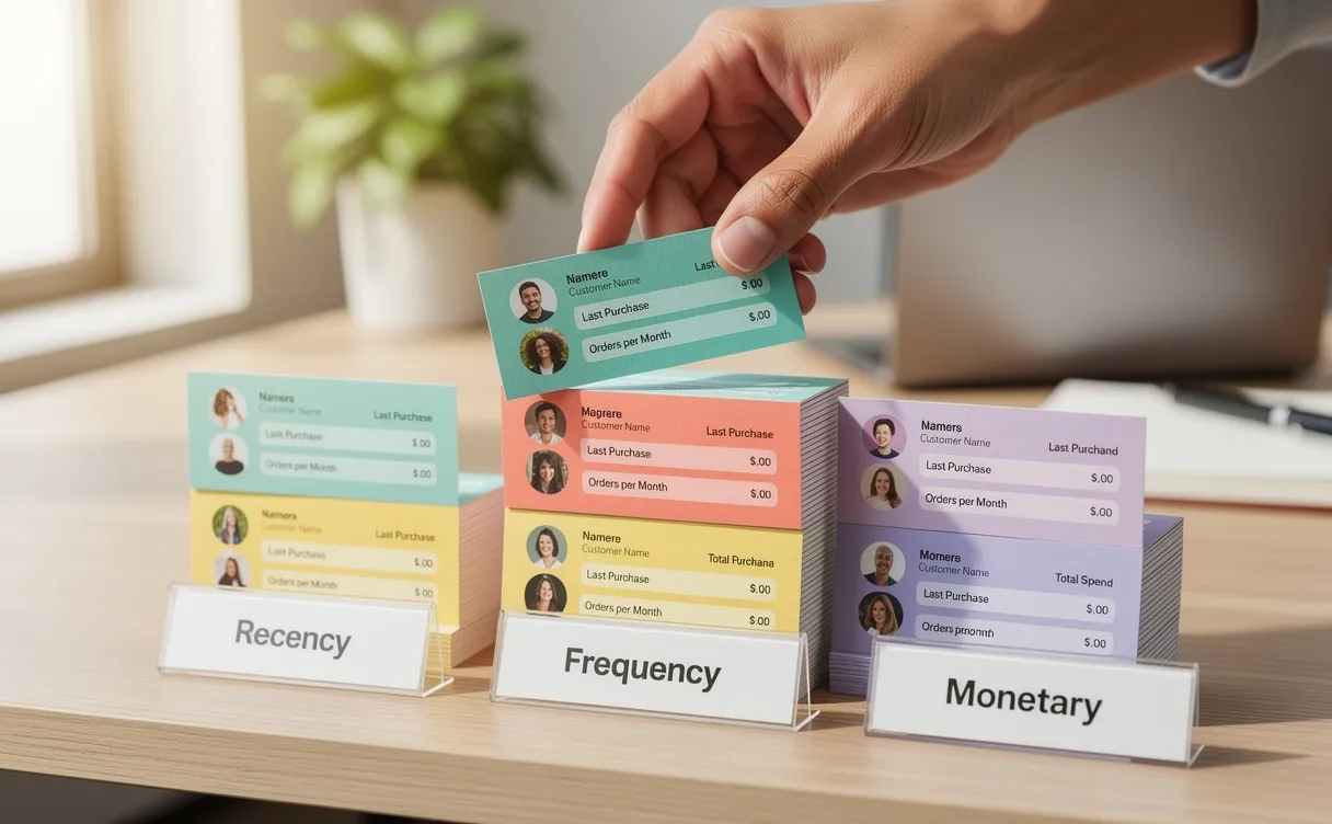 Une main de marketeur trie des cartes de profils clients colorées en trois piles nommées récence, fréquence et monétaire sur un bureau moderne éclairé naturellement.