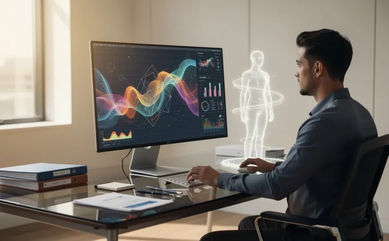 Un bureau moderne avec une personne qui supervise un écran d’ordinateur affichant du contenu généré par une intelligence artificielle lumineuse, entourée de papiers bien rangés et éclairée par une lumière naturelle.