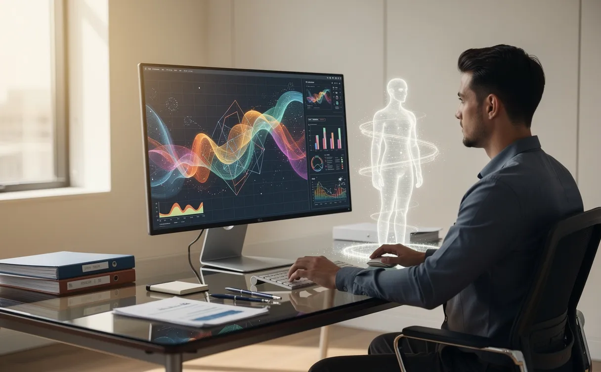 Un bureau moderne avec une personne qui supervise un écran d’ordinateur affichant du contenu généré par une intelligence artificielle lumineuse, entourée de papiers bien rangés et éclairée par une lumière naturelle.