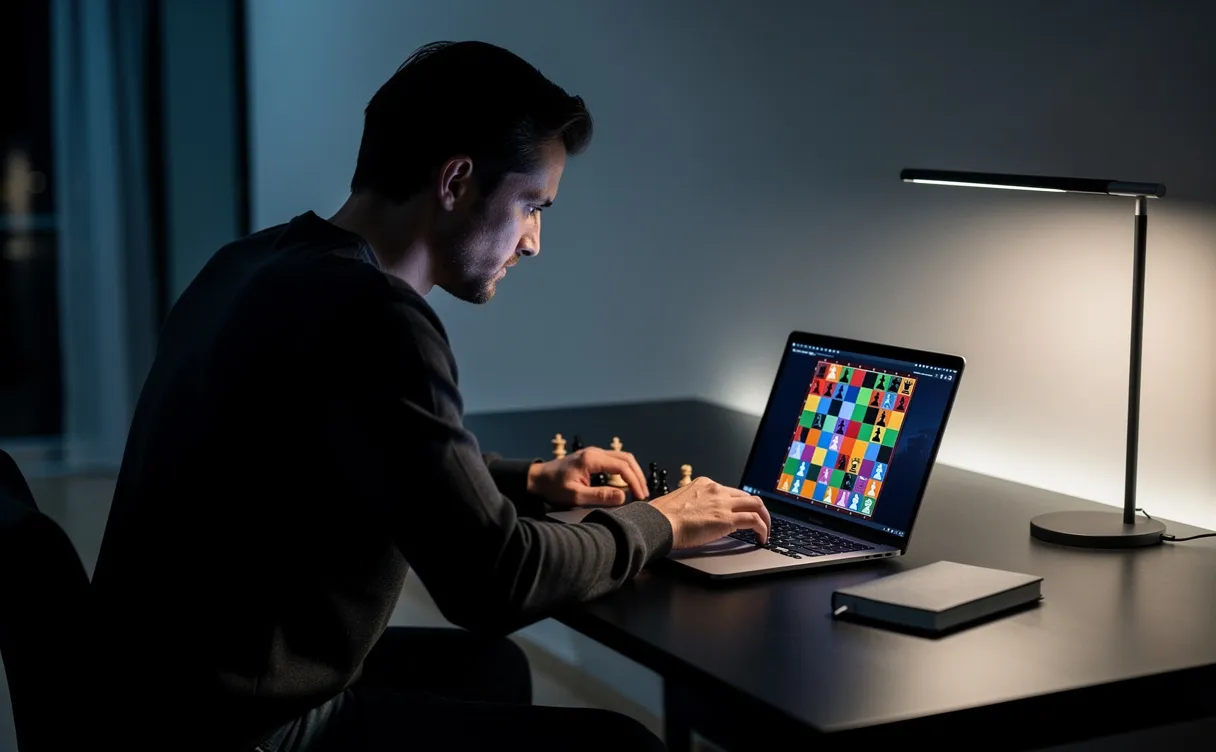 Un joueur d’échecs concentré affronte un ordinateur sur un bureau moderne éclairé d’une lumière tamisée.
