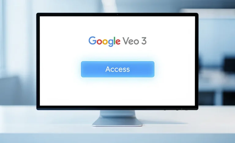 Un écran d’ordinateur moderne affiche le logo Google Veo 3 avec un bouton d’accès lumineux, sur un fond bleu et blanc.