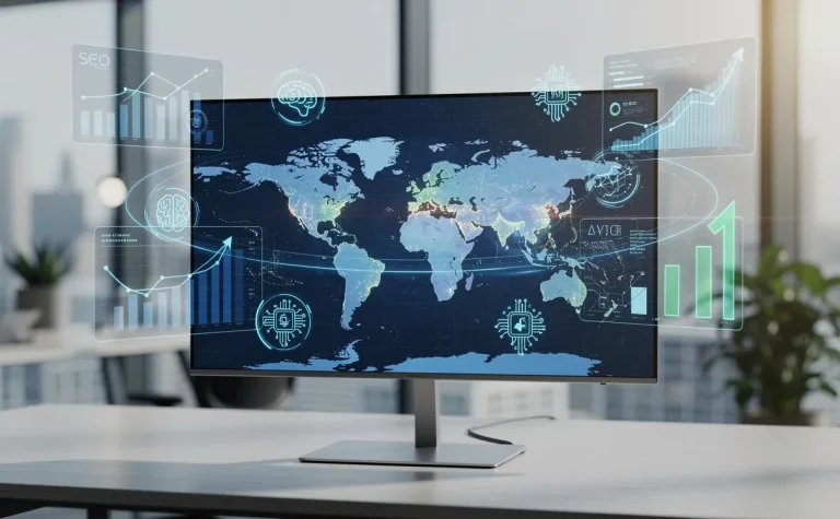 Carte du monde numérique affichée sur un écran d’ordinateur avec des graphiques SEO lumineux et des icônes d’IA flottant autour, dans un bureau moderne.