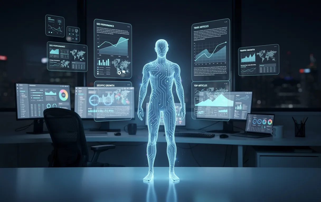 Un hologramme d’intelligence artificielle en forme de silhouette humaine se tient parmi des analyses SEO flottantes et des articles de blog, dans un espace de travail moderne éclairé par des écrans bleutés la nuit.