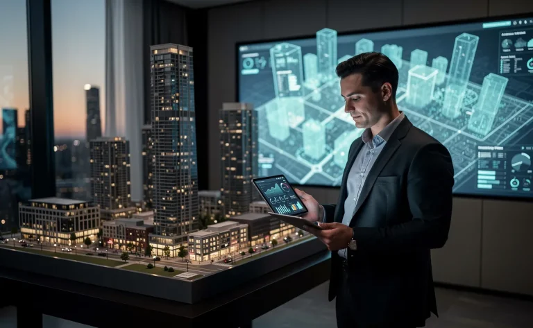 Un investisseur immobilier moderne examine des données sur une tablette devant une maquette de ville, avec des écrans affichant des analyses immobilières assistées par intelligence artificielle.