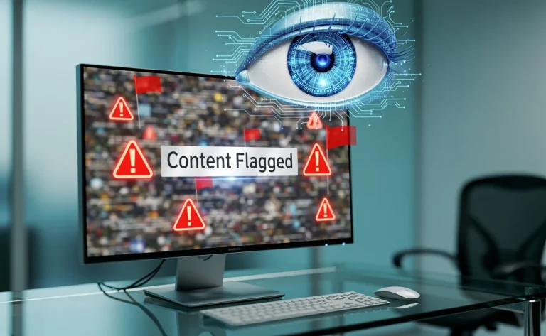 Un écran d’ordinateur affiche du contenu flouté et signalé, surveillé par un œil digital bleu dans un bureau moderne à l’éclairage froid.