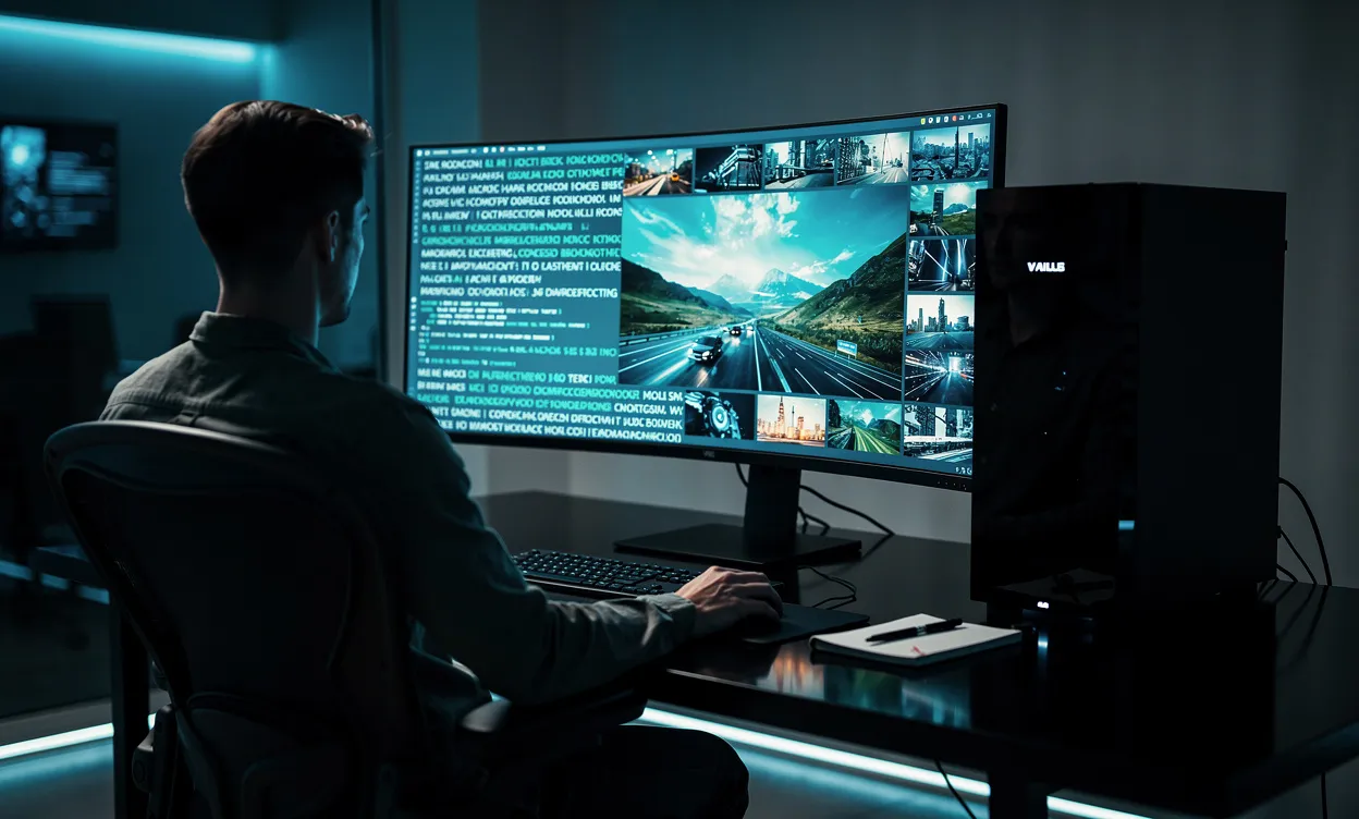 Une personne assise à un bureau élégant observe un écran où des mots tapés se transforment en scènes vidéo, sous un éclairage tamisé.