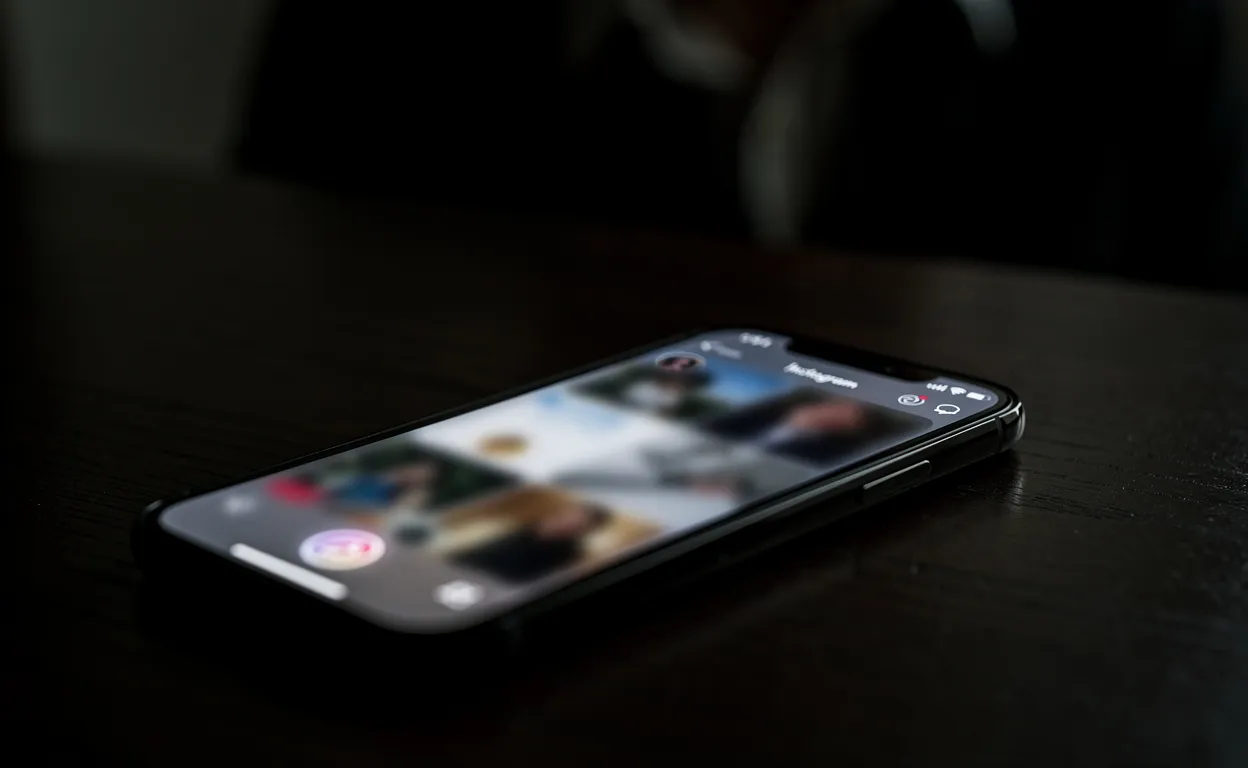 Un smartphone posé sur une table sombre affiche une Story Instagram floue, avec une silhouette sombre et partiellement cachée en arrière-plan.