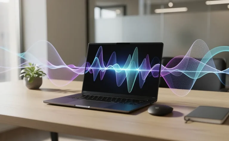 Un ordinateur portable posé sur un bureau moderne diffuse des ondes sonores lumineuses dans un bureau élégant baigné de lumière naturelle.