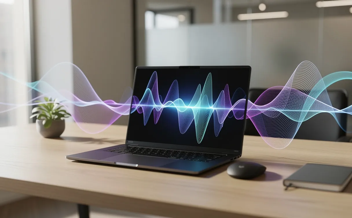 Un ordinateur portable posé sur un bureau moderne diffuse des ondes sonores lumineuses dans un bureau élégant baigné de lumière naturelle.
