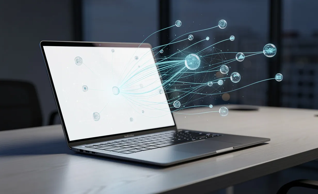 Un ordinateur portable moderne posé sur un bureau avec des réseaux digitaux lumineux sortant de l’écran, symbolisant le traitement d’intelligence artificielle.