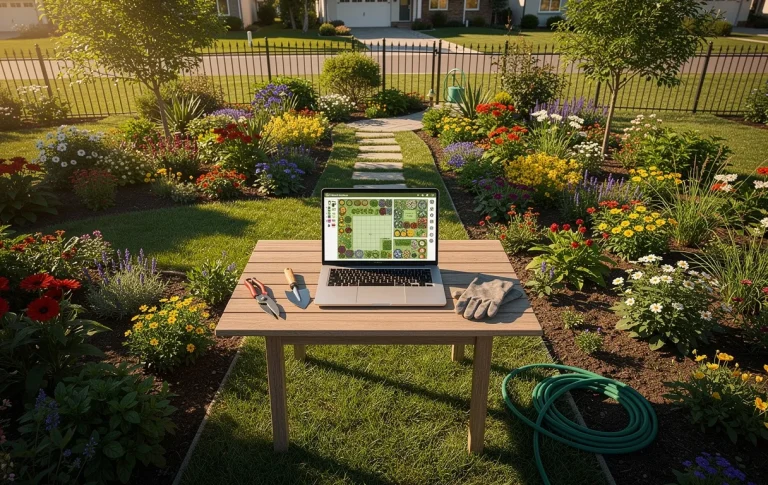 Vue aérienne d’un jardin suburbain verdoyant avec un ordinateur portable présentant un plan numérique, entouré de plates-bandes fleuries et d’outils au soleil couchant.