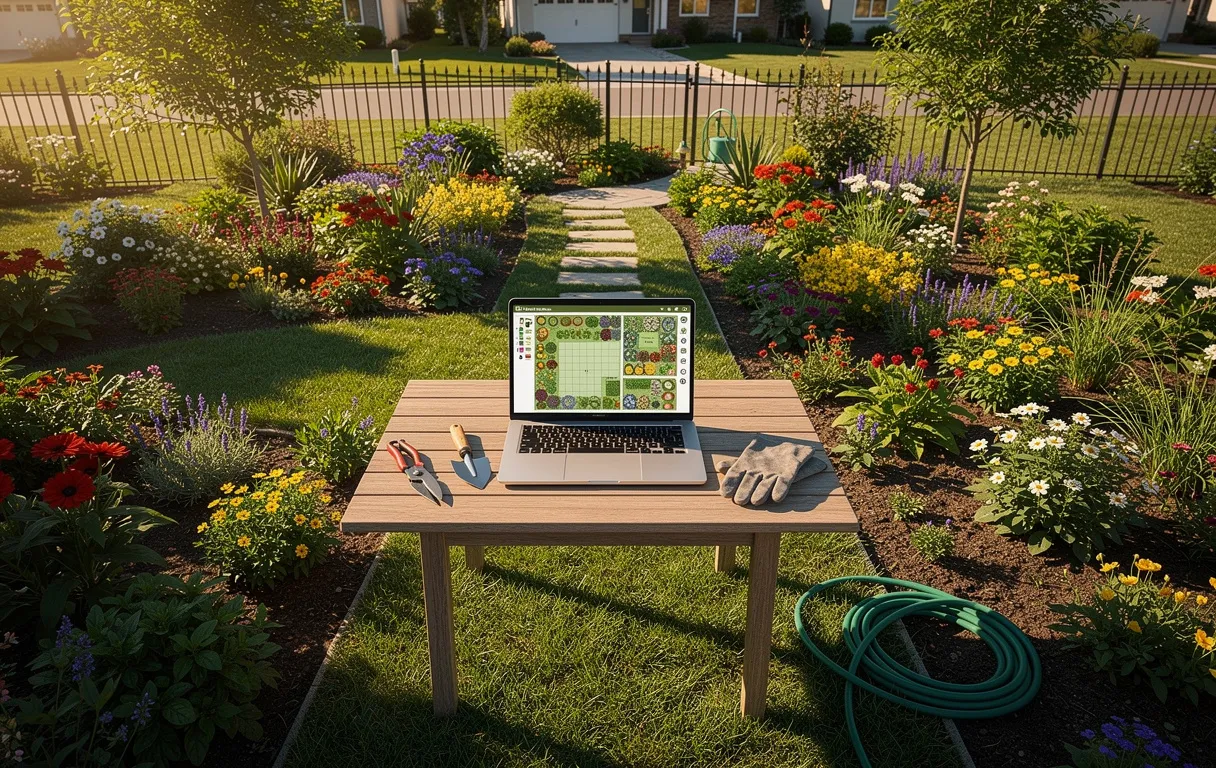 Vue aérienne d’un jardin suburbain verdoyant avec un ordinateur portable présentant un plan numérique, entouré de plates-bandes fleuries et d’outils au soleil couchant.