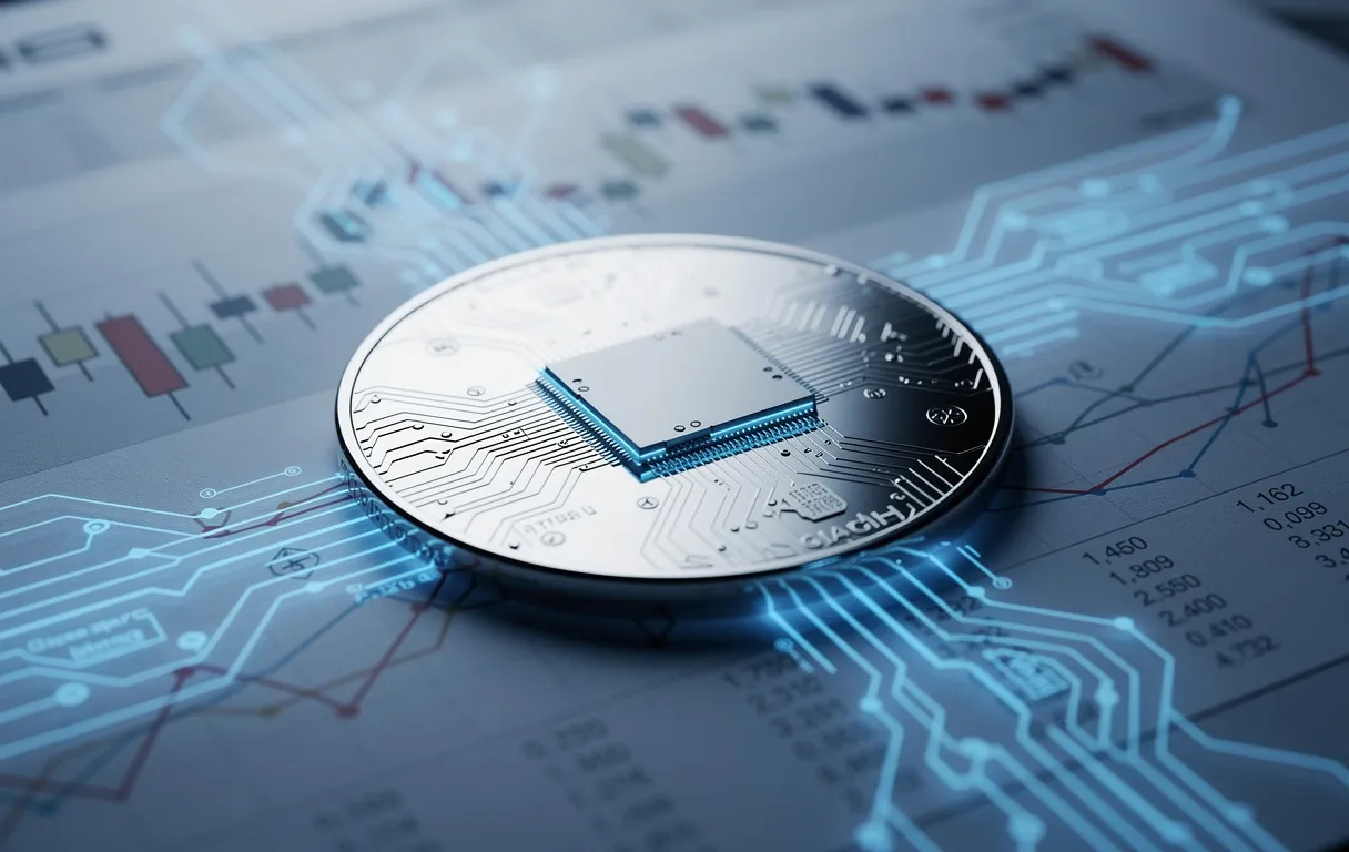 Une puce informatique futuriste intégrée dans une pièce argentée repose sur des graphiques financiers, entourée de motifs de circuits d’intelligence artificielle sous une lumière bleutée.