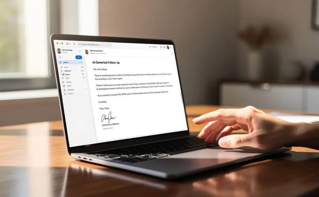 Un bureau professionnel lumineux avec un ordinateur portable affichant un courriel généré par une IA et une main posée près du clavier.