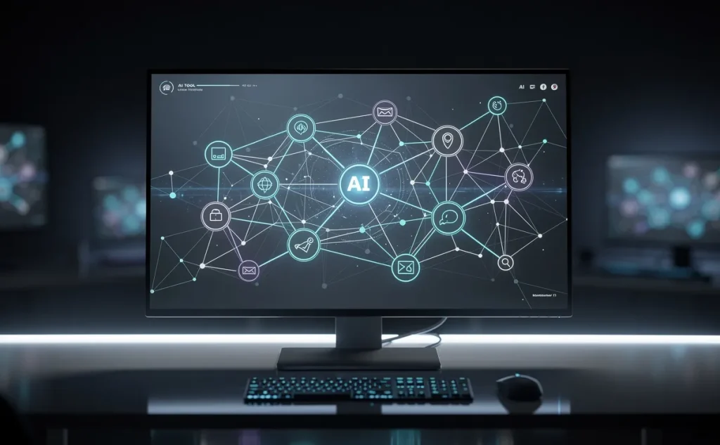 Interface numérique affichant un réseau d’icônes d’outils d’intelligence artificielle illuminées sur un bureau moderne et sombre.