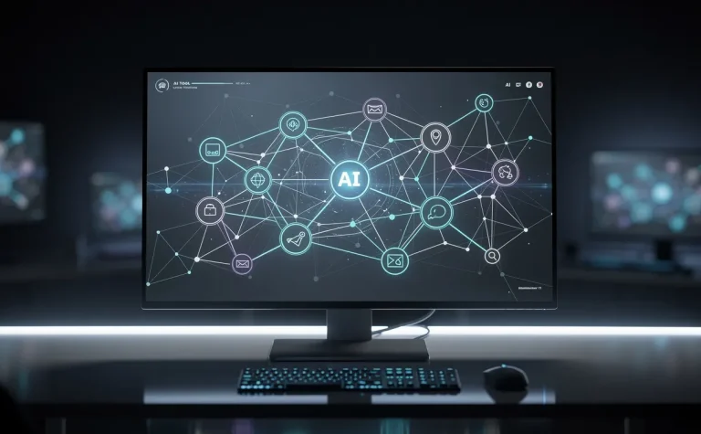 Interface numérique affichant un réseau d’icônes d’outils d’intelligence artificielle illuminées sur un bureau moderne et sombre.
