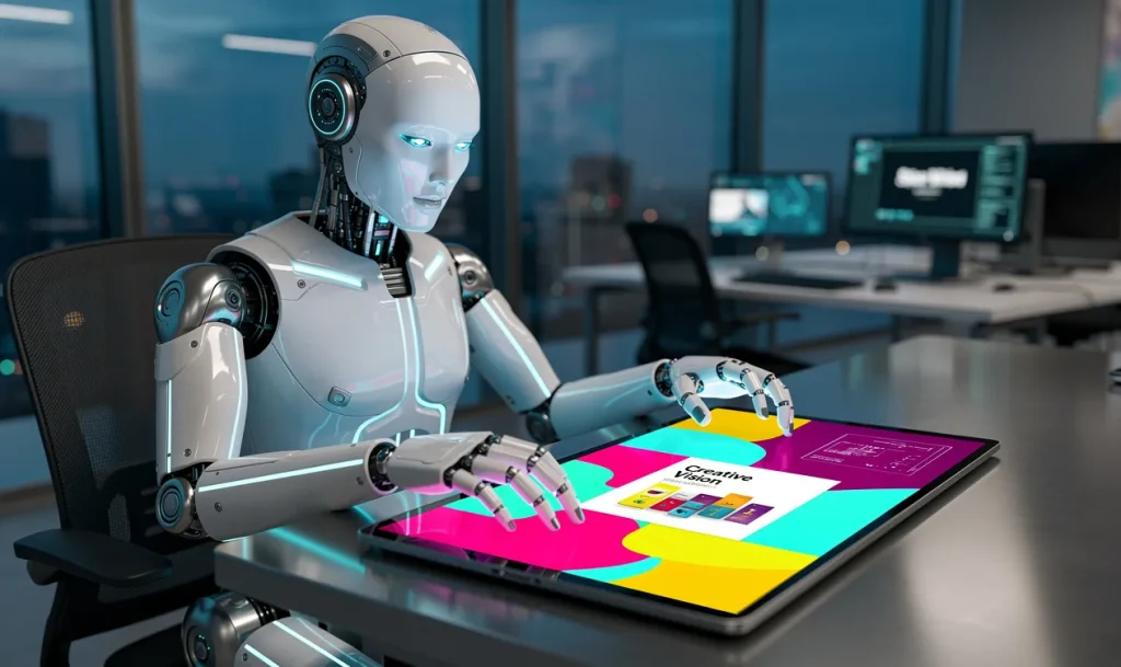 Un robot d’intelligence artificielle conçoit des visuels marketing colorés sur une tablette numérique dans un bureau moderne à l’éclairage tamisé.