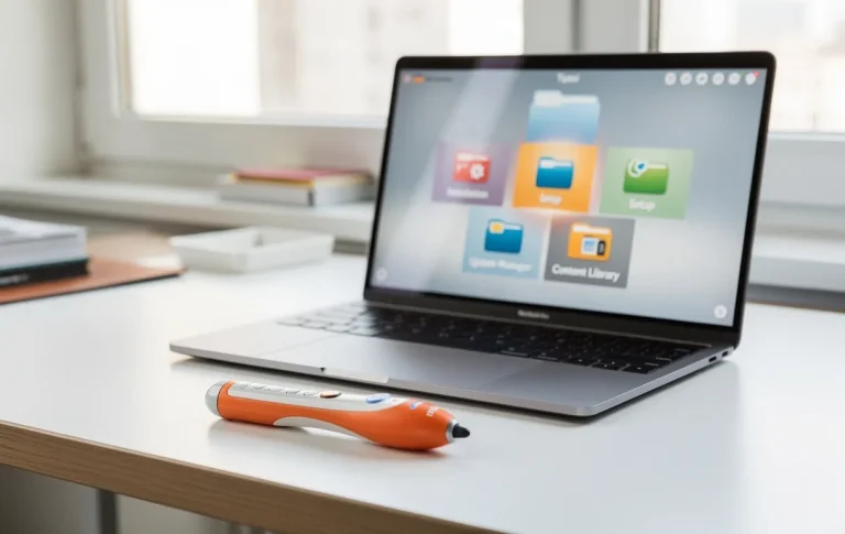 Un lecteur interactif Tiptoi et un ordinateur portable sont posés côte à côte sur un bureau moderne, avec des icônes d’outils d’installation affichées à l’écran de l’ordinateur.