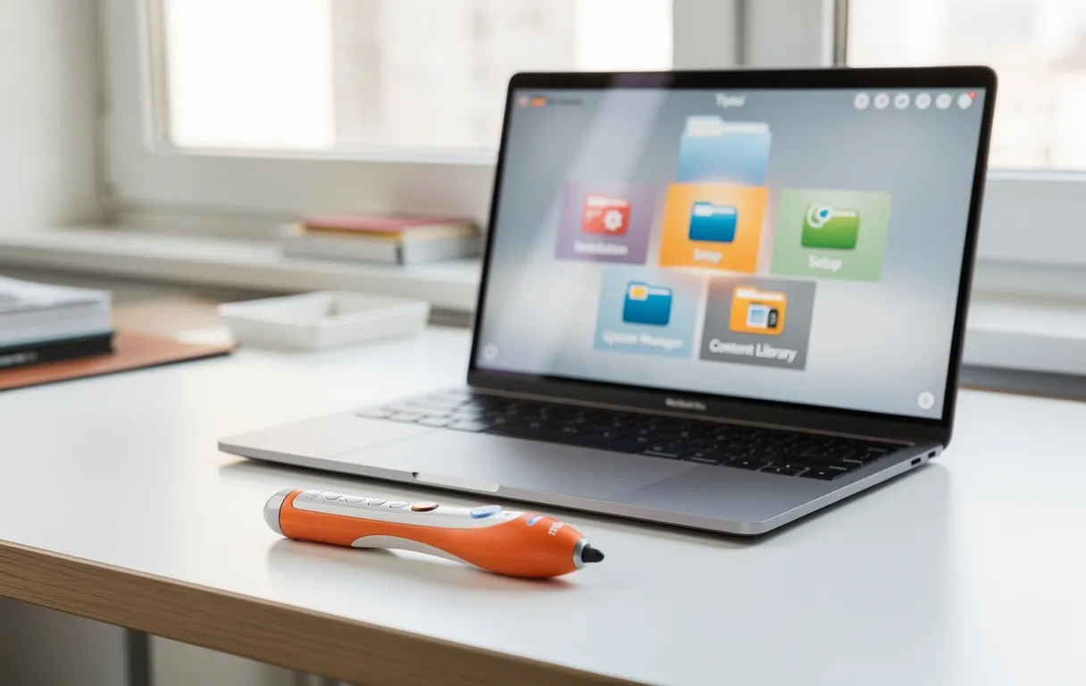 Un lecteur interactif Tiptoi et un ordinateur portable sont posés côte à côte sur un bureau moderne, avec des icônes d’outils d’installation affichées à l’écran de l’ordinateur.