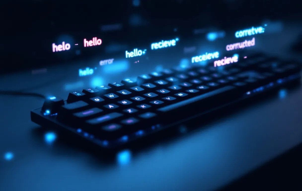 Clavier d’ordinateur élégant sous une lumière tamisée, avec des erreurs typographiques floues évoquant des fautes discrètes de l’IA.