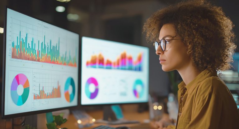 Analyste data examinant des graphiques colores sur deux ecrans d'ordinateur