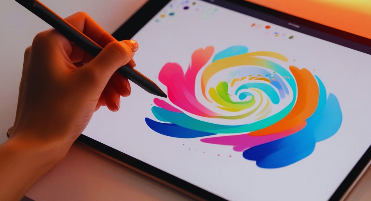 Main dessinant une oeuvre coloree au stylet sur une tablette numerique