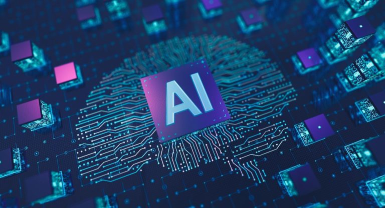 Puce d'intelligence artificielle au centre d'un circuit imprimé