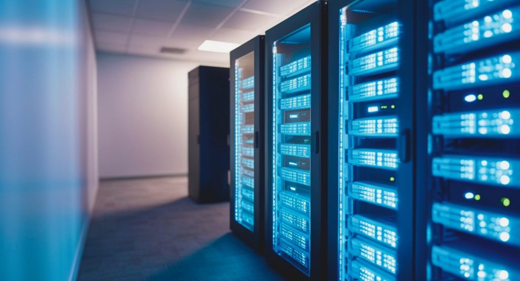 Rangees de serveurs eclaires en bleu dans une salle d hebergement de donnees