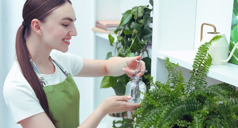 Jeune femme vaporisant de l eau sur une plante verte d interieur
