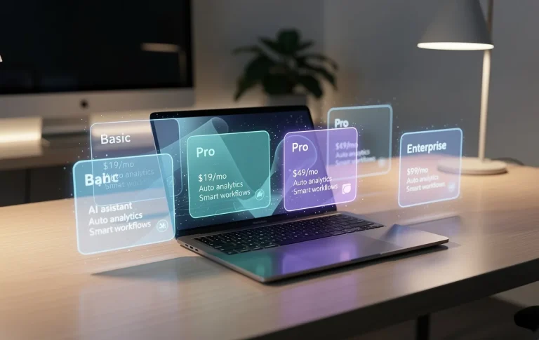 Un ordinateur portable posé sur un bureau moderne est entouré d’icônes holographiques de formules d’abonnement affichant divers tarifs et fonctions d’IA.