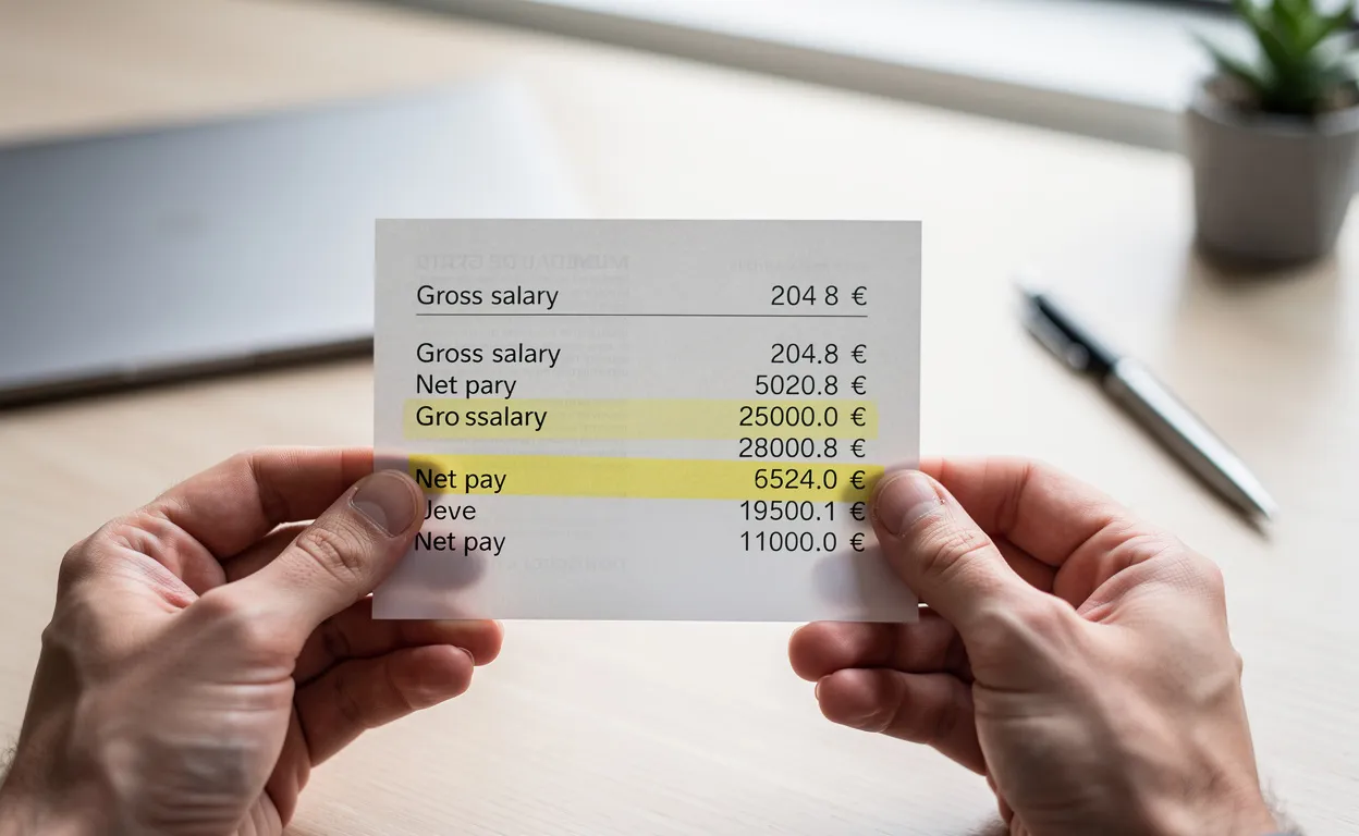 Deux mains tiennent une fiche de paie affichant un salaire brut de 2048 euros et un net mis en évidence, posée sur un bureau moderne éclairé par la lumière du jour.