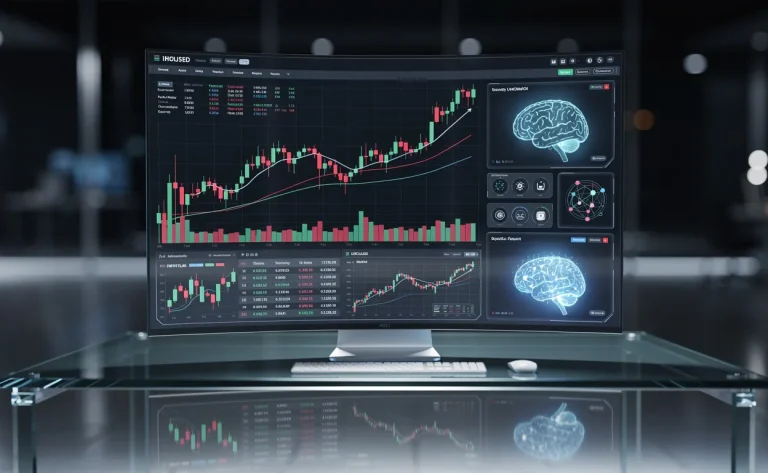 Interface informatique futuriste affichant des graphiques boursiers et des icônes d’intelligence artificielle luminescentes sur un bureau en verre, sous une lumière bleutée.