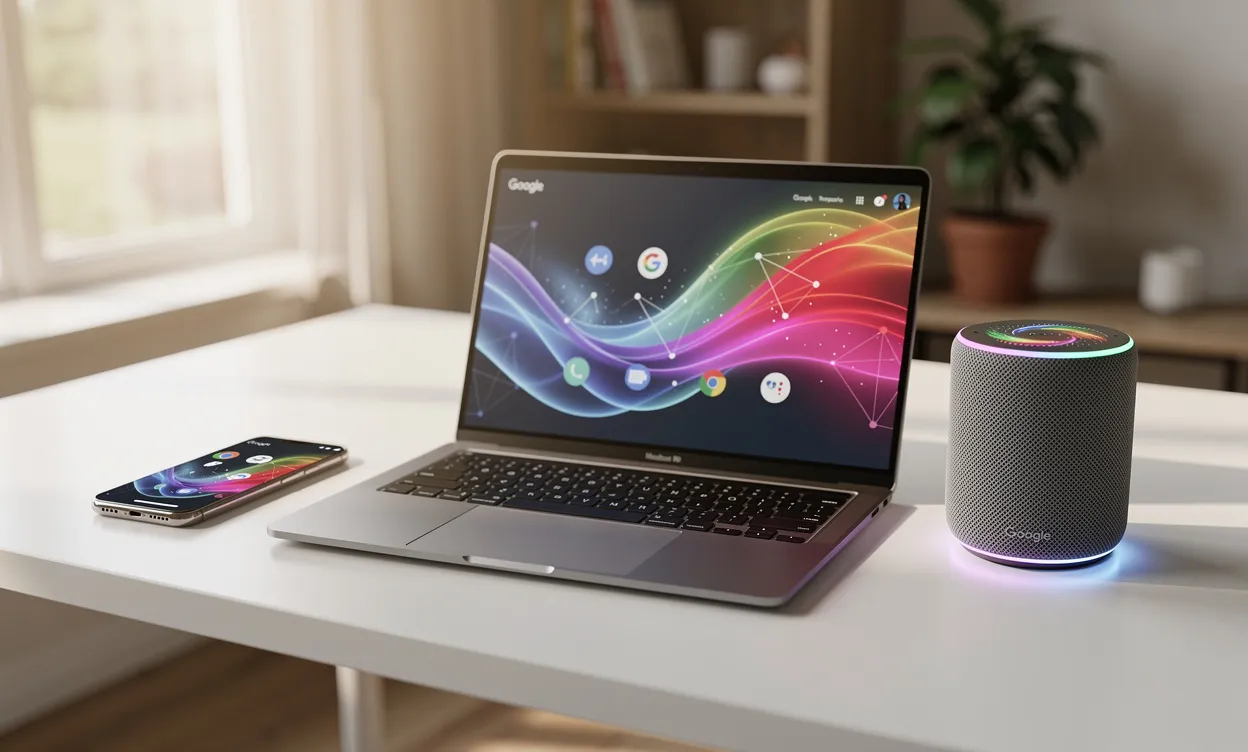 Un espace de travail moderne avec un ordinateur portable, un smartphone et une enceinte connectée affichant des interfaces colorées de Google IA sous une lumière matinale douce.