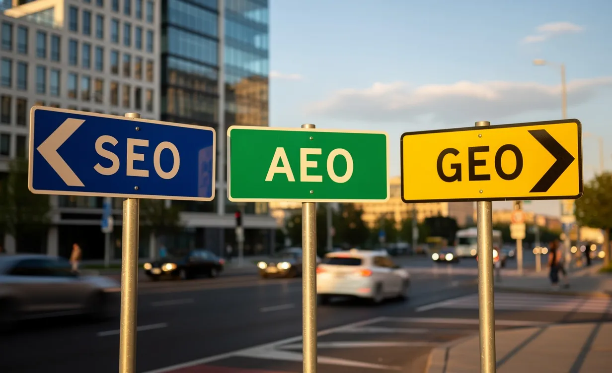 Trois panneaux directionnels marqués SEO, AEO et GEO se dressent à un carrefour urbain sous une lumière douce du matin.