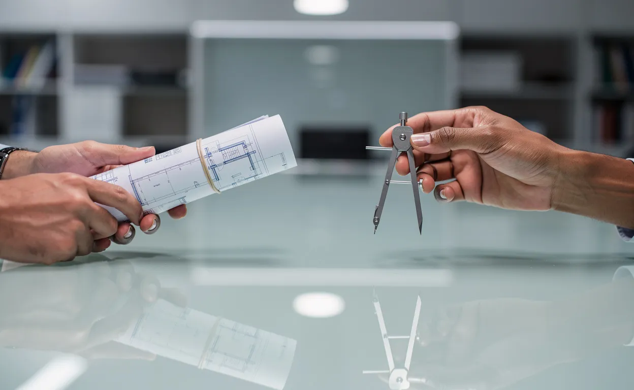 Deux mains se tendent l’une vers l’autre à travers une surface vitrée, l’une tenant des plans et l’autre un compas, dans une lumière douce de bureau.