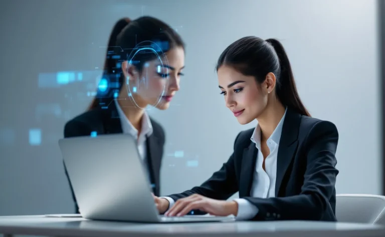 Une jeune entrepreneuse travaille sur un ordinateur portable entourée d’éléments numériques d’intelligence artificielle lumineux dans une ambiance moderne.