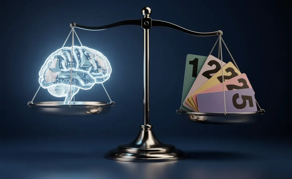 Une balance métallique équilibre un cerveau lumineux d’intelligence artificielle et des cartes numérotées de niveau de risque sur fond bleu.