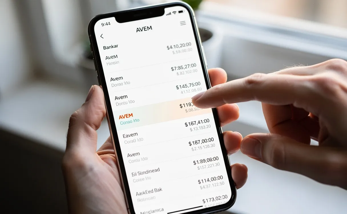 Une main pointe un smartphone affichant un relevé bancaire numérique où le mot AVEM est mis en évidence à côté d’une opération.