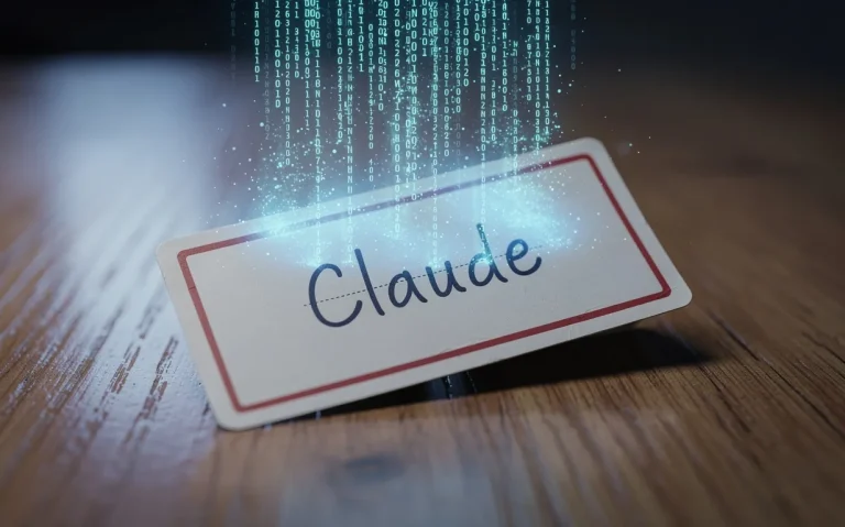 Un badge ancien portant le prénom Claude écrit à la main repose sur un bureau en bois et se transforme en code numérique lumineux flottant au-dessus.