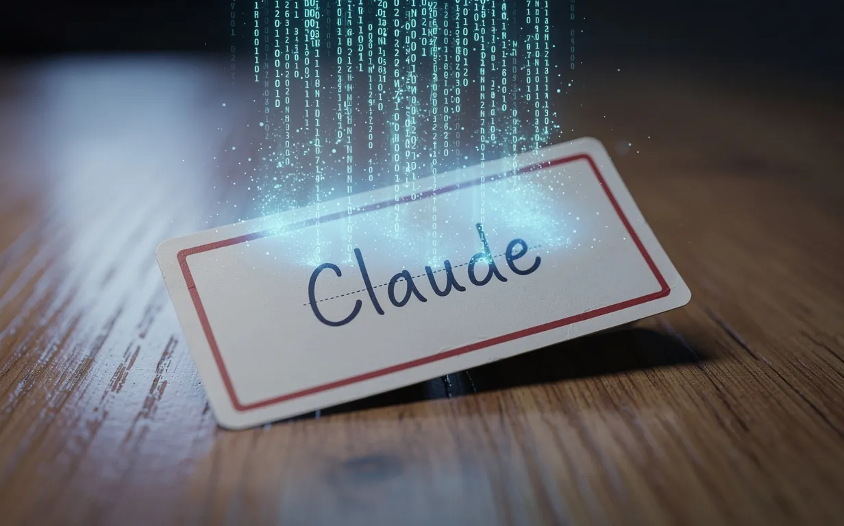Un badge ancien portant le prénom Claude écrit à la main repose sur un bureau en bois et se transforme en code numérique lumineux flottant au-dessus.