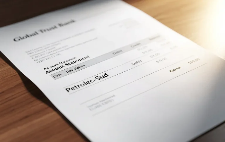 Un relevé bancaire imprimé posé sur un bureau en bois montre une transaction Petrolec-Sud en évidence, éclairé par la lumière naturelle.