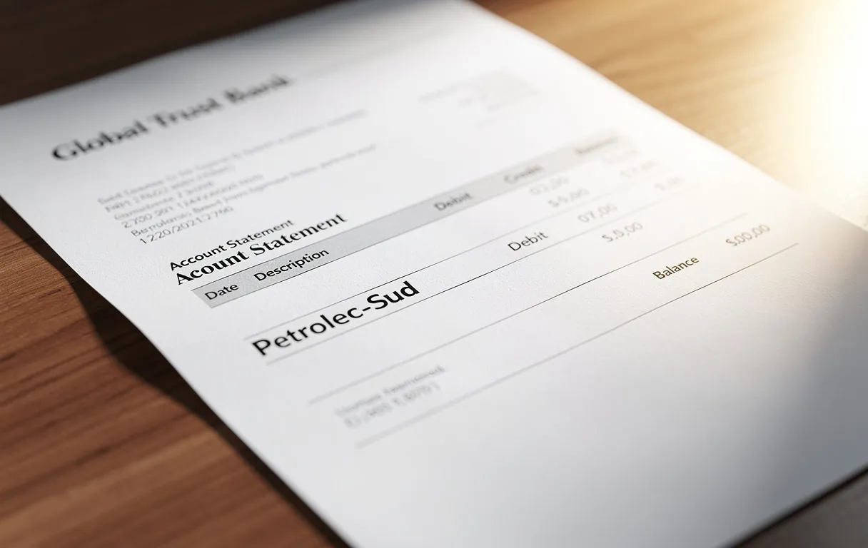 Un relevé bancaire imprimé posé sur un bureau en bois montre une transaction Petrolec-Sud en évidence, éclairé par la lumière naturelle.