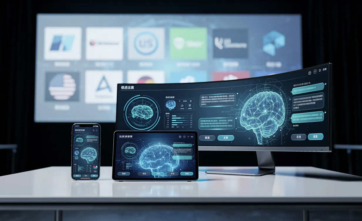 Des interfaces numériques chinoises futuristes s’affichent sur des appareils modernes, avec en arrière-plan des logos technologiques américains sous une lumière bleutée.