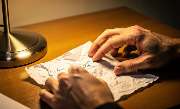 Des mains façonnent délicatement une feuille de papier froissée en une lettre lisse sous la lumière chaude d’une lampe de bureau.