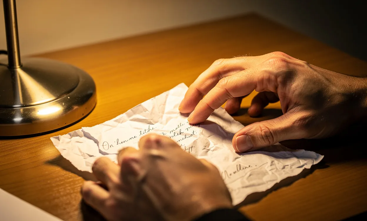 Des mains façonnent délicatement une feuille de papier froissée en une lettre lisse sous la lumière chaude d’une lampe de bureau.