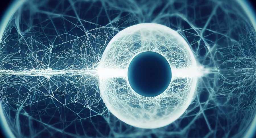 Visuel abstrait généré numériquement montrant une sphère lumineuse entourée d'un réseau de lignes, évoquant la nature statistique de l'IA générative