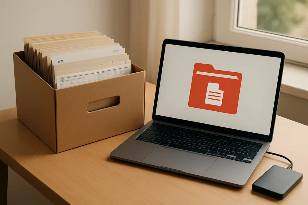 Boîte d'archives de bulletins de salaire papier à côté d'un ordinateur portable et d'un disque dur externe